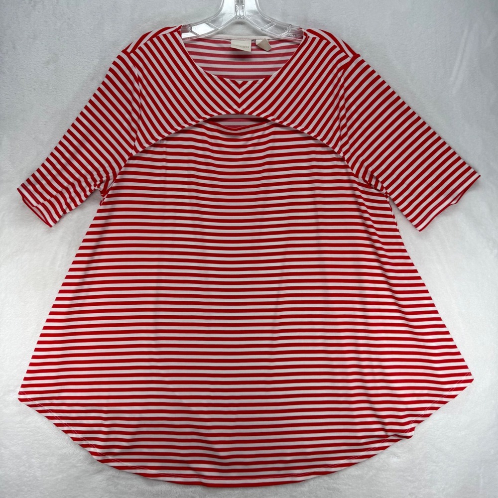 Chico's Swing Tunic Top Red White Striped Cut Out‎ Neckline Casual Size 2 US L